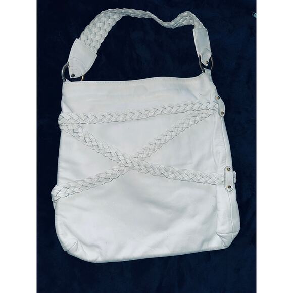 GOLDENBLEU LARGE BOHO WHITE LEATHER BAG BRAIDED TRIM & TASSEL USED 1X - Picture 1 of 8